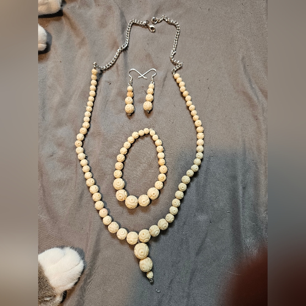 Antique Colored Carved Bone Bead Bracelet, Necklace And Earrings Set Handmade